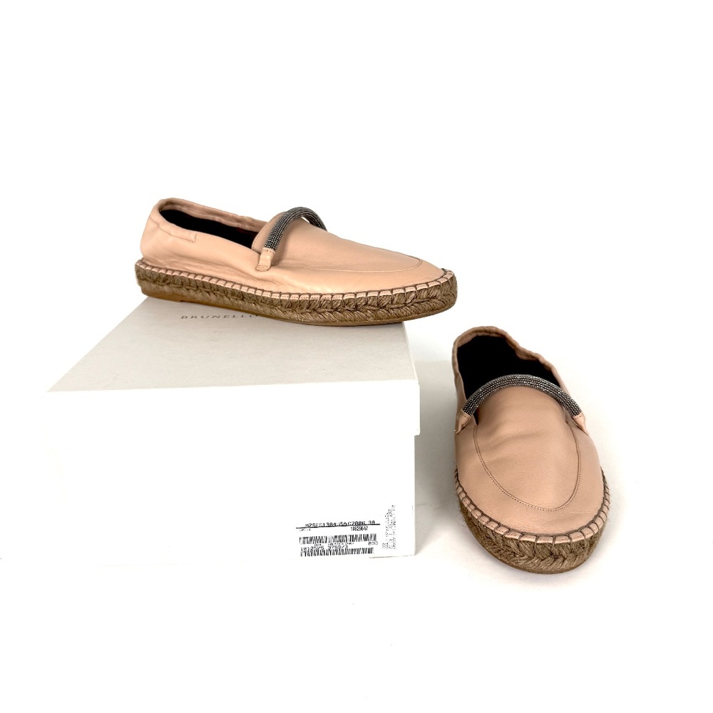 Brunello Cucinelli Light Beige Monili Leather Flat Espadrilles 38.5 8.5